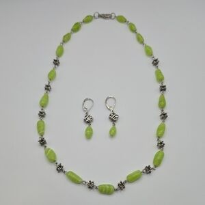 Green Beaded Necklace W/ Earrings